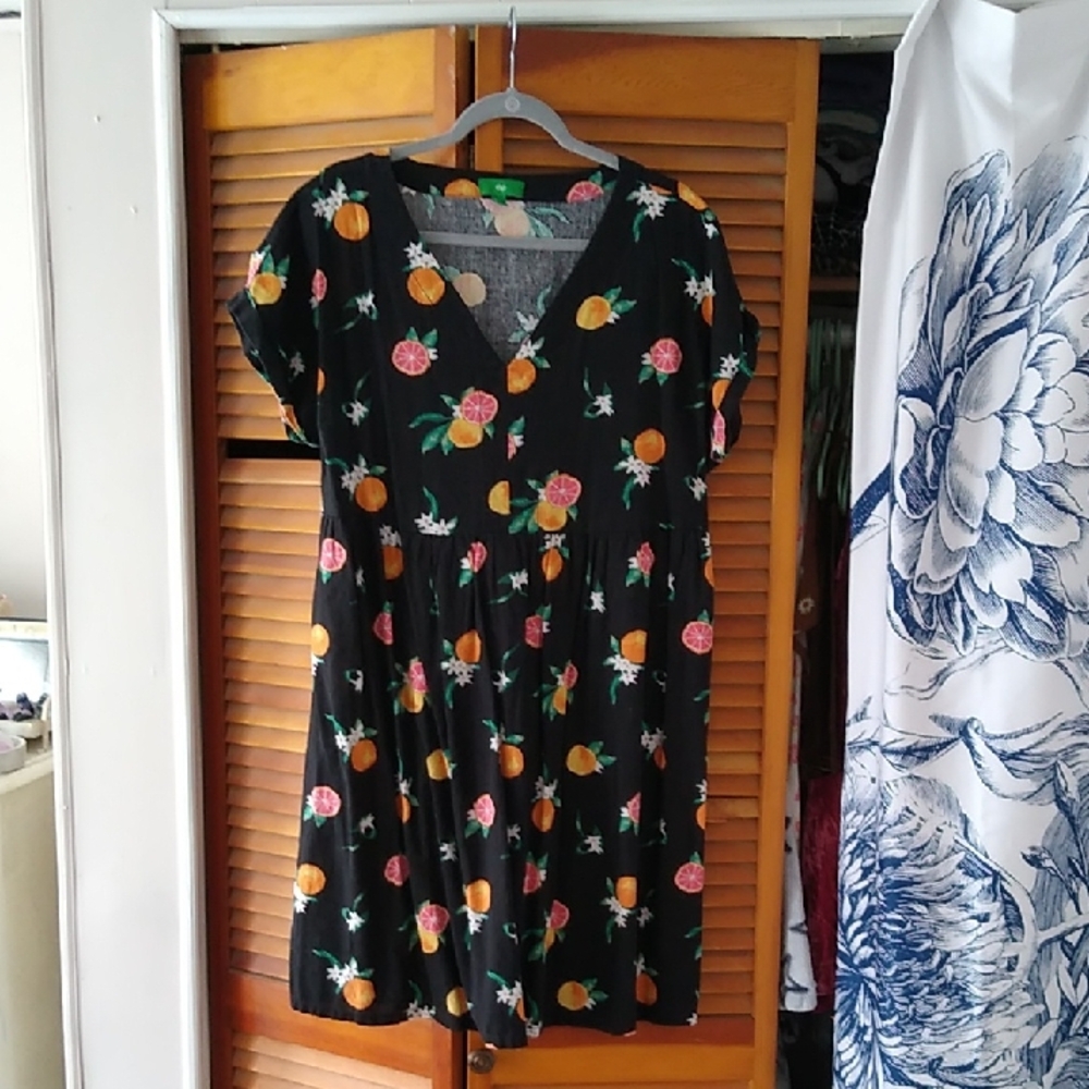 dip Black Midi Dress with Orange and Pink Fruit Print